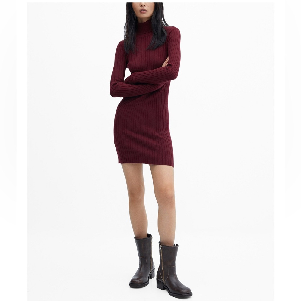 Mango Burgundy Fitted Long Sleeve Turtleneck Dress